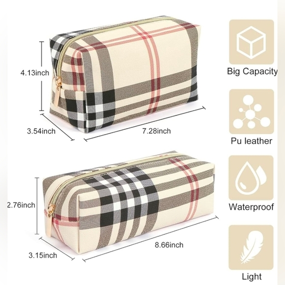 Cosmetic Bags, 2 Small Make Up Bags In Khaki Plaid. New! - Picture 2 of 2